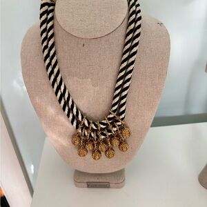 Stella & Dot Black and Cream Twisted Rope Necklace with Gold Tassel Charms